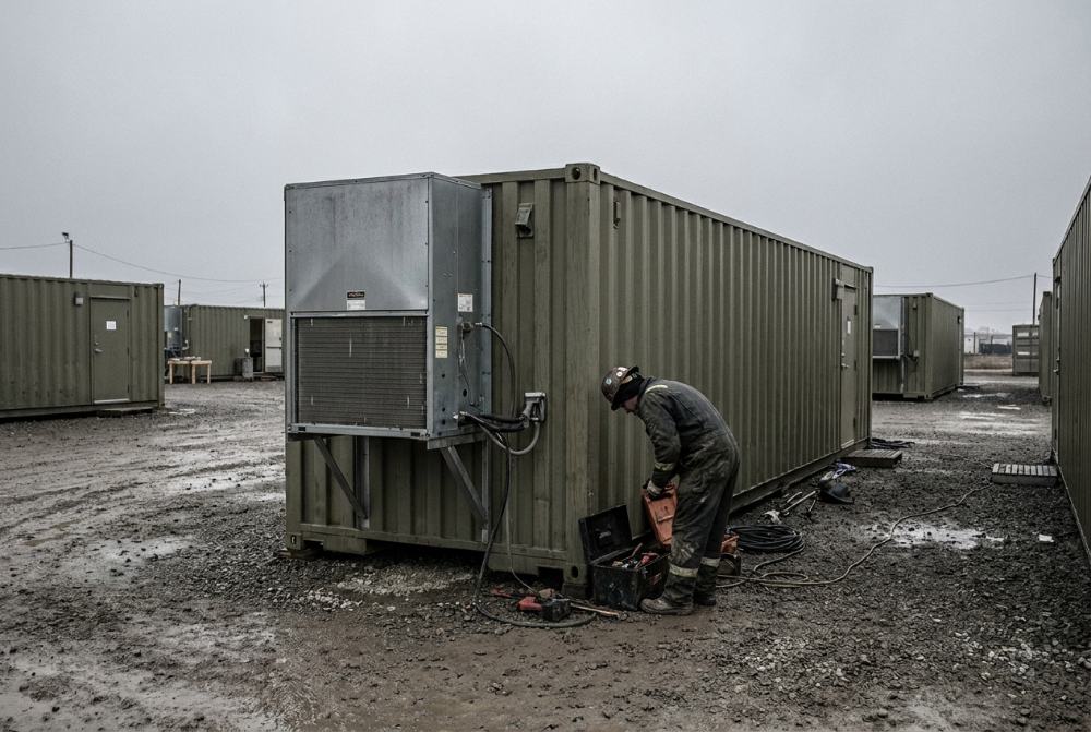Technician servicing a container
